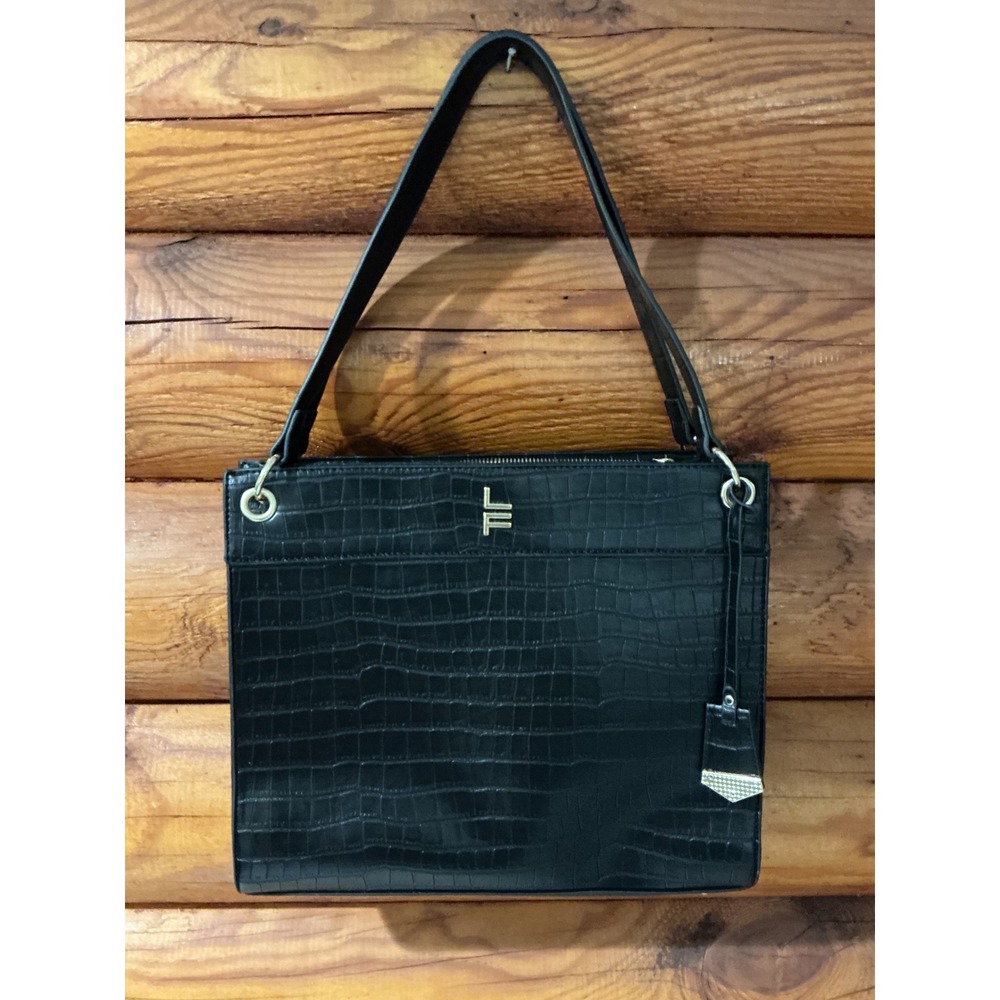 London Fog Black‎ Croc Embossed Shoulder Bag Square Tote Gold Hardware LF Logo